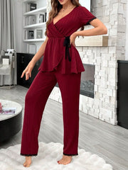 Solid Color Lazy Pajamas Set With Floral Print Womens Lingerie - Nimall