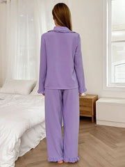 Solid Color Mandarin Collar Long Sleeve Front Pocket Pajama Set Womens Lingerie - Nimall