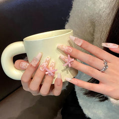 Spring and summer pink and tender girl matte wearing nail art removable nail piece hand wearing nail medium and long bow - Nimall