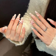 Spring and summer pink and tender girl matte wearing nail art removable nail piece hand wearing nail medium and long bow - Nimall