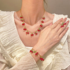 Strawberry Leaf Cherry Necklace Bracelet Ring Set Premium - Nimall