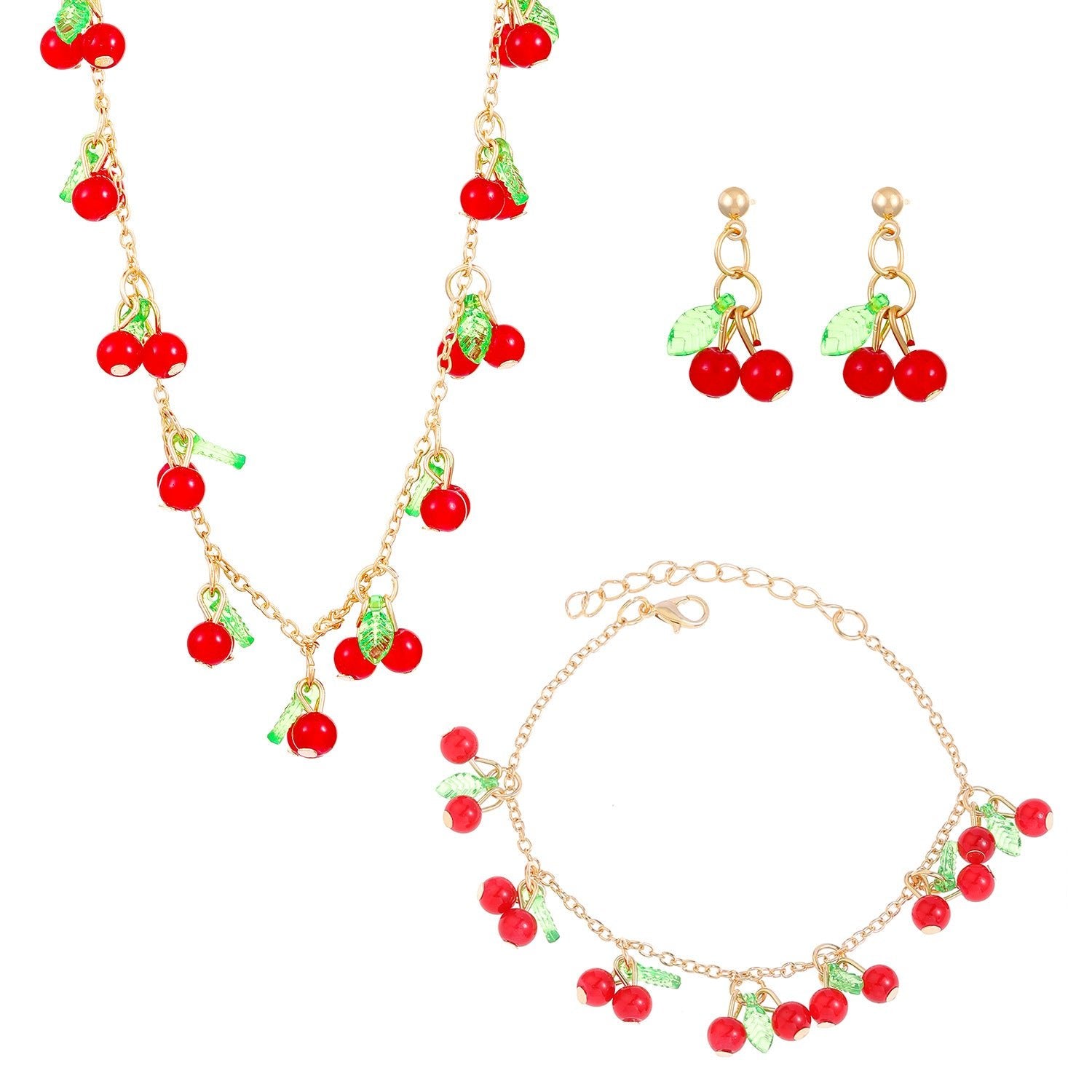 Strawberry Leaf Cherry Necklace Bracelet Ring Set Premium - Nimall