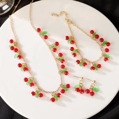 Strawberry Leaf Cherry Necklace Bracelet Ring Set Premium - Nimall