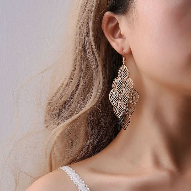 Stylish and simple multi - layer hollow leaf earrings, long leaf earrings. - Nimall