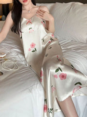 Summer Floral Print Silk Long Shirt Dress Womens Lingerie - Nimall