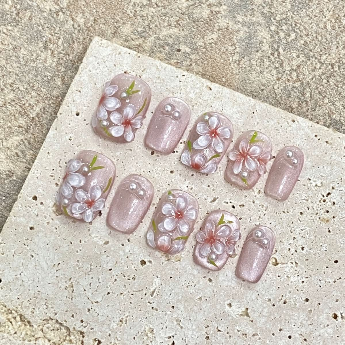 Summer new pure hand - painted three - dimensional relief peach blossom pure hand - worn nail piece advanced sense nail sticker - Nimall