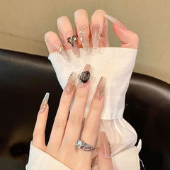 Super long ladder original Maillard wearing nail atmosphere manicure brown white pure desire wind gradual change handmade nail - Nimall