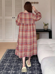 Tartan Print Striped Front Tie Puff Sleeve Nightdress Womens Lingerie - Nimall