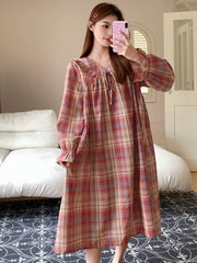 Tartan Print Striped Front Tie Puff Sleeve Nightdress Womens Lingerie - Nimall