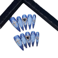 Temperament white blue ocean hot Internet celebrities handmade wear nail Spice girl manicure fake nail sticker manicure - Nimall