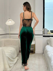 Velvet Sleeves In Contrasting Lace Trim Long Pants Womens Lingerie - Nimall