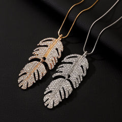 Versatile long necklace for women, diamond - encrusted feather leaf pendant - Nimall