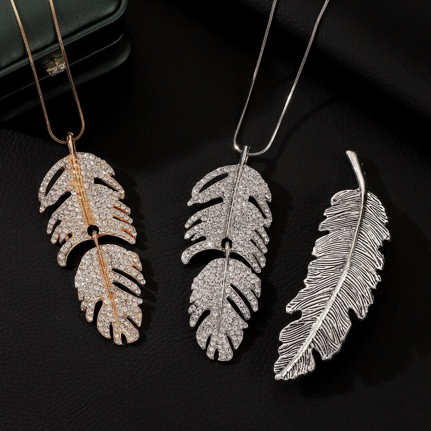 Versatile long necklace for women, diamond - encrusted feather leaf pendant - Nimall