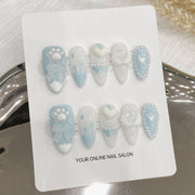 Violent rabbit balls handmade manicure, sweet and cool, wind blue cute bow cat paw wearing nail finished patch versatile model - Nimall