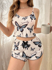 Women's Butterfly Print Cami Top And Shorts Pajama Set Womens Lingerie - Nimall