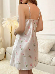 Women's Fashion Silk Rose Print Nightdress Womens Lingerie - Nimall