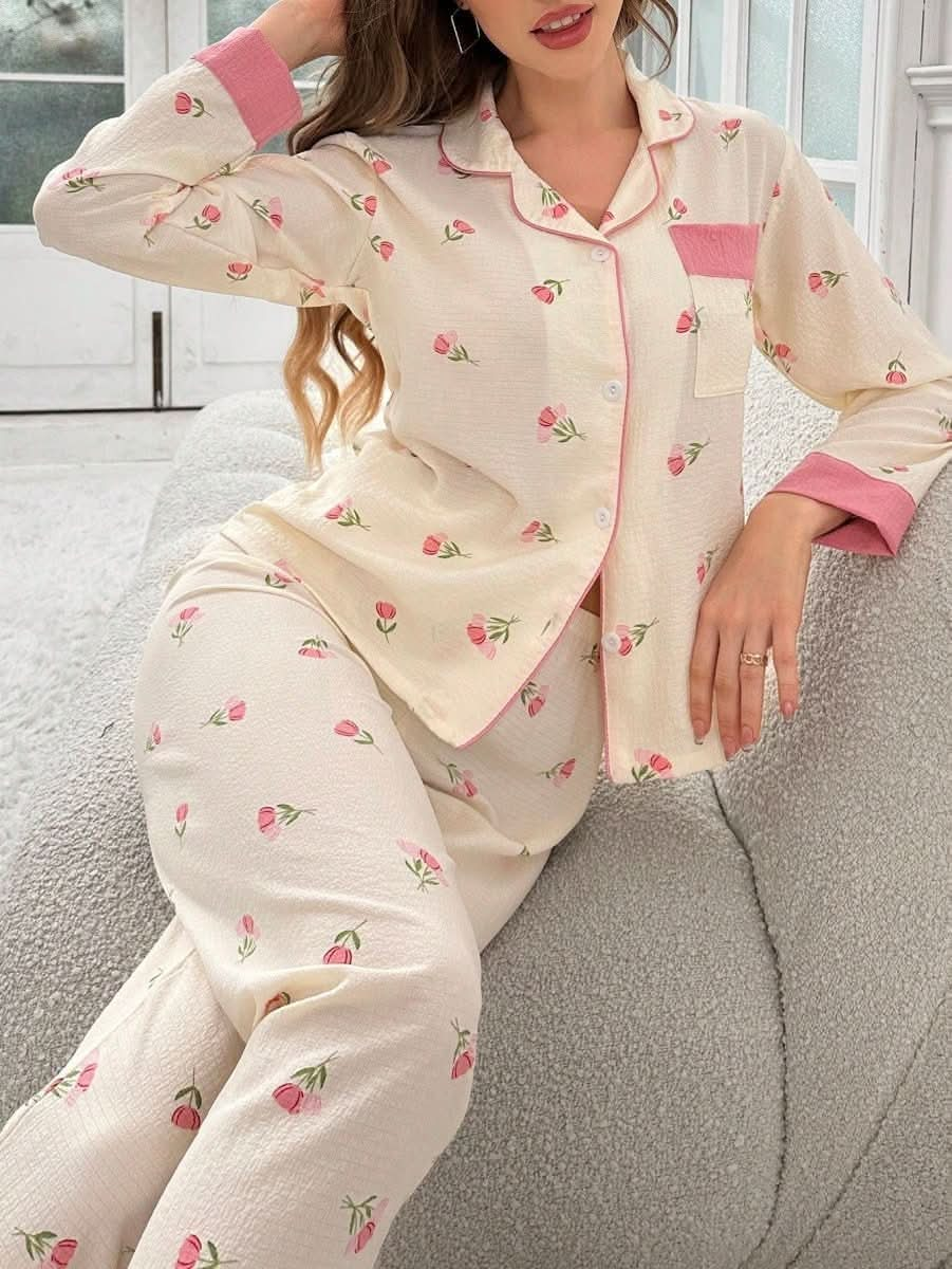 Women's Floral Print Long Sleeve Long Pants Pajama Set Womens Lingerie - Nimall