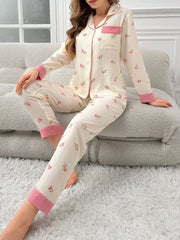 Women's Floral Print Long Sleeve Long Pants Pajama Set Womens Lingerie - Nimall