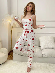 Women's Heart Print Long Pants And Cami Pajama Set Womens Lingerie - Nimall