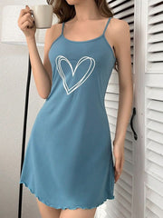 Women's Heart Print Simple Sleepwear Nightdress Womens Lingerie - Nimall