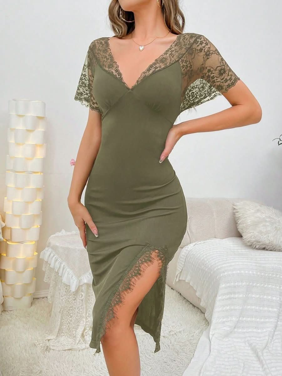 Women's High Slit Lace Patchwork Nightdress Womens Lingerie - Nimall