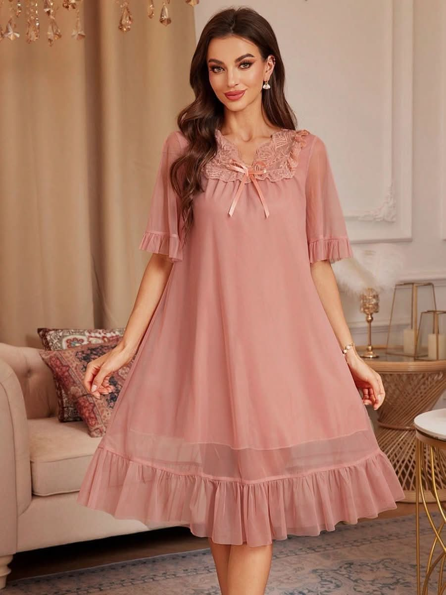 Women's Lace Patchwork Bowknot Sleepwear Dress Elegant Womens Lingerie - Nimall