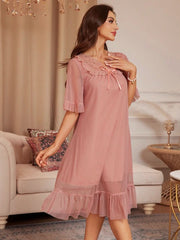 Women's Lace Patchwork Bowknot Sleepwear Dress Elegant Womens Lingerie - Nimall