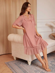 Women's Lace Patchwork Bowknot Sleepwear Dress Elegant Womens Lingerie - Nimall