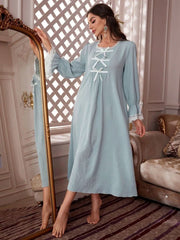 Women's Long Lace Nightgown With Bow And Puffy Ruffles Womens Lingerie - Nimall