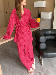 Women's Long Sleeve Belted Pajama Set with Plaid Pattern Sleepwear Womens Lingerie - Nimall