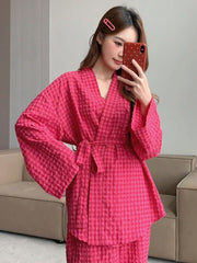 Women's Long Sleeve Belted Pajama Set with Plaid Pattern Sleepwear Womens Lingerie - Nimall