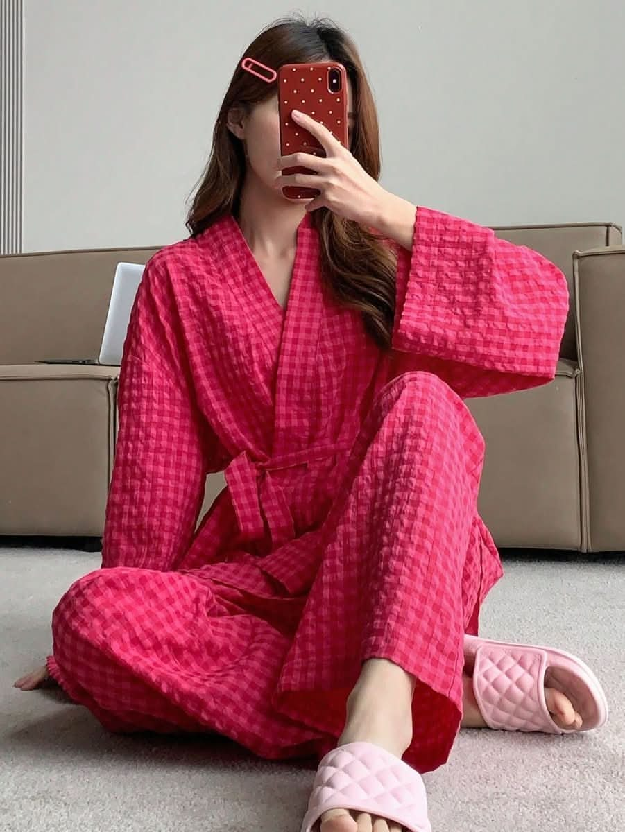 Women's Long Sleeve Belted Pajama Set with Plaid Pattern Sleepwear Womens Lingerie - Nimall