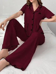 Women's Pajama Set with Contrast Embroidery Womens Lingerie - Nimall