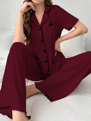 Women's Pajama Set with Contrast Embroidery Womens Lingerie - Nimall