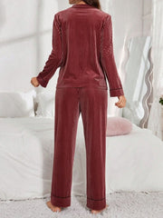 Women's Red Velvet Pajama Set Jacket And Pants Womens Lingerie - Nimall