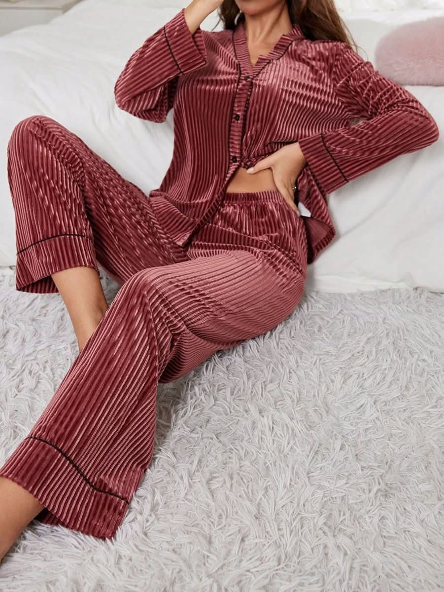 Women's Red Velvet Pajama Set Jacket And Pants Womens Lingerie - Nimall