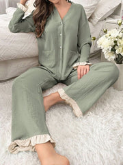 Women's Ruffle Hem Patchwork Pajama Set Womens Lingerie - Nimall