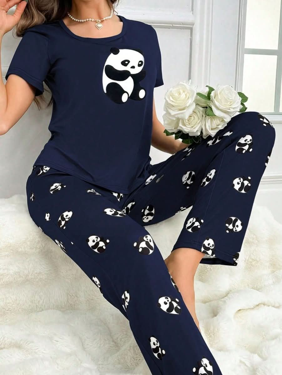 Women's Simple Panda Print Short Sleeve Long Pants Pajama Set Womens Lingerie - Nimall