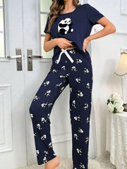 Women's Simple Panda Print Short Sleeve Long Pants Pajama Set Womens Lingerie - Nimall