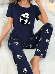 Women's Simple Panda Print Short Sleeve Long Pants Pajama Set Womens Lingerie - Nimall