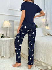 Women's Simple Panda Print Short Sleeve Long Pants Pajama Set Womens Lingerie - Nimall