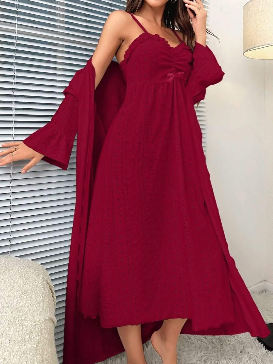 Women's Solid Color Spaghetti Strap Sleepwear Pajama Set With Long Sleeve Cardigan Womens Lingerie - Nimall