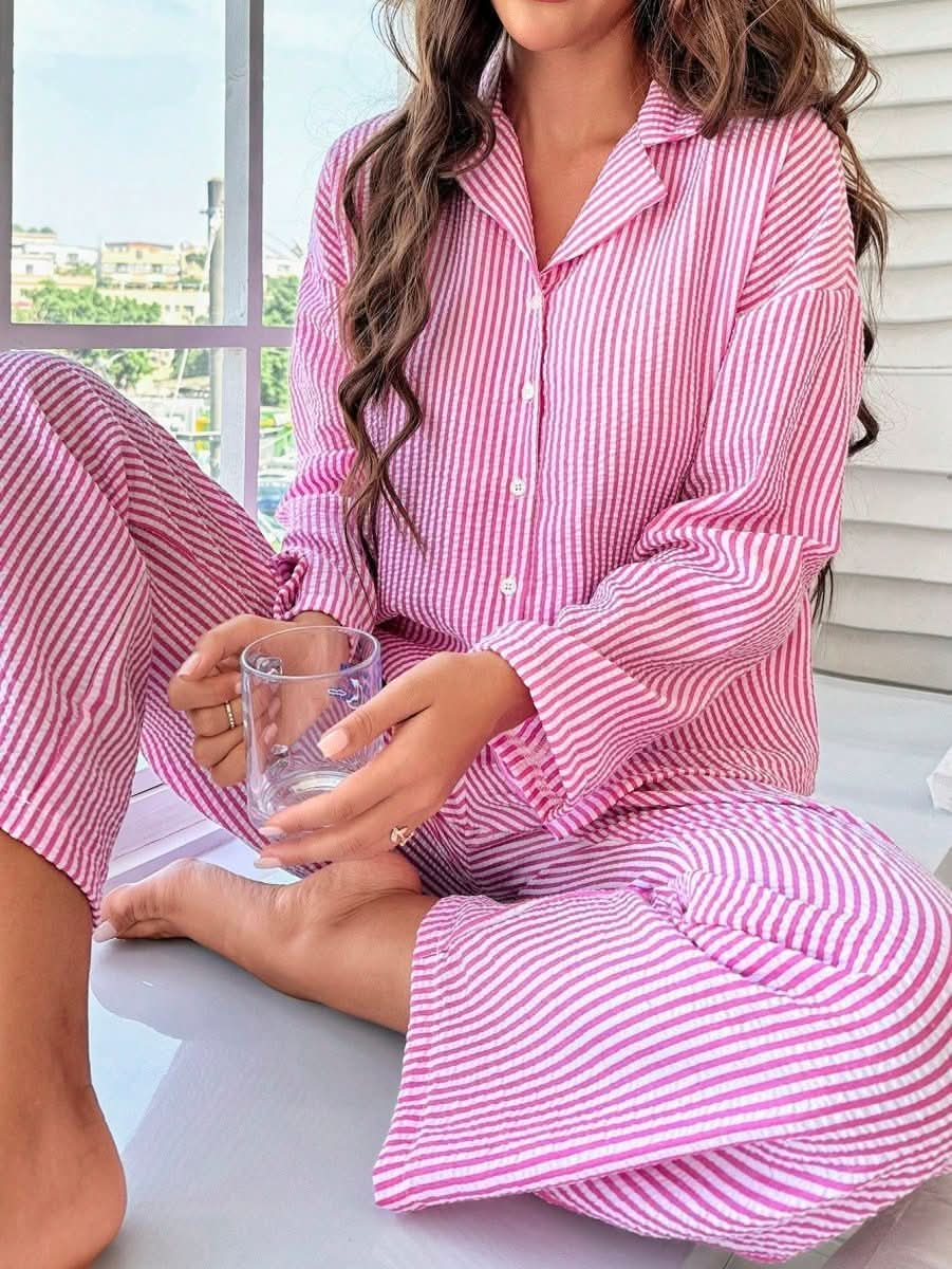 Women's Striped Button Front Long 2 Piece Home Pajama Set Womens Lingerie - Nimall