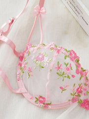 Women's tool set embroidered with flowers on the mesh of the upholstered bra set womens lingerie - Nimall