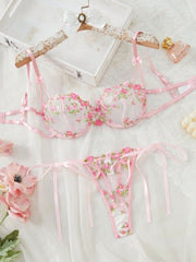 Women's tool set embroidered with flowers on the mesh of the upholstered bra set womens lingerie - Nimall