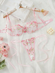 Women's tool set embroidered with flowers on the mesh of the upholstered bra set womens lingerie - Nimall