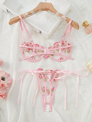 Women's tool set embroidered with flowers on the mesh of the upholstered bra set womens lingerie - Nimall