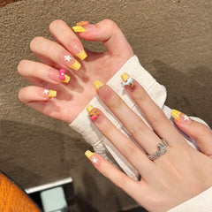 Yellow French Checkered Butter Cat Wearing Nail Art Summer Sweet Cute Girl Heart Handmade Nail Art - Nimall