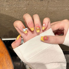 Yellow French Checkered Butter Cat Wearing Nail Art Summer Sweet Cute Girl Heart Handmade Nail Art - Nimall