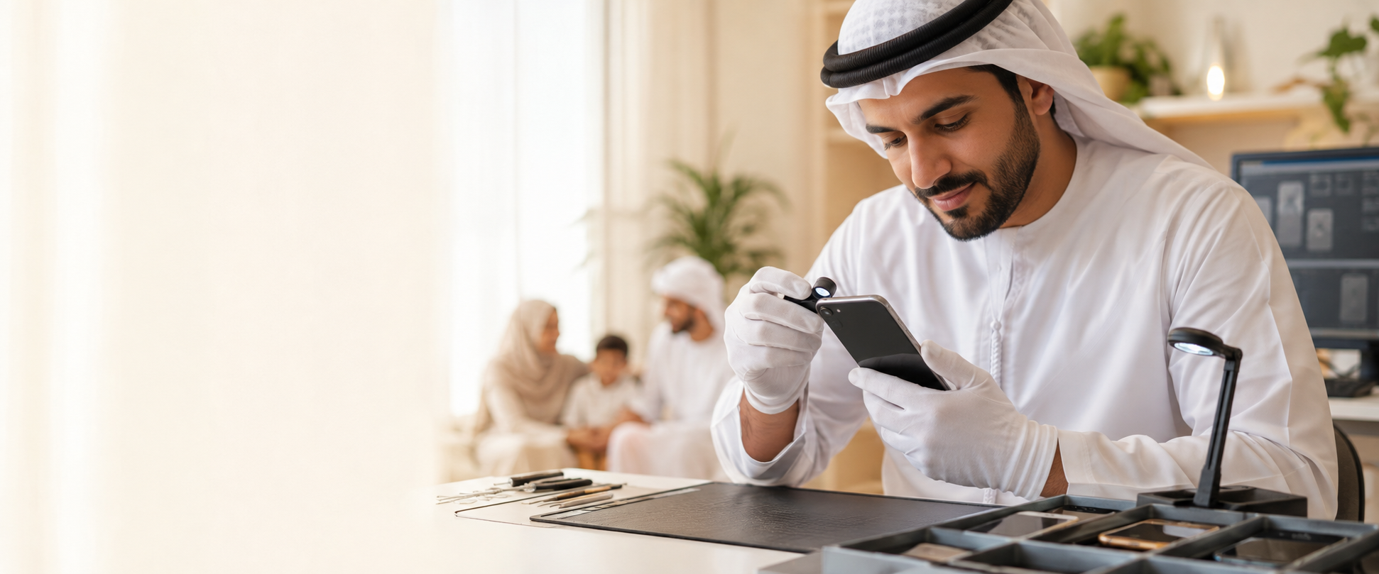 AI-generated concept of a phone inspection workspace; not Nimall staff, facilities or inspected stock